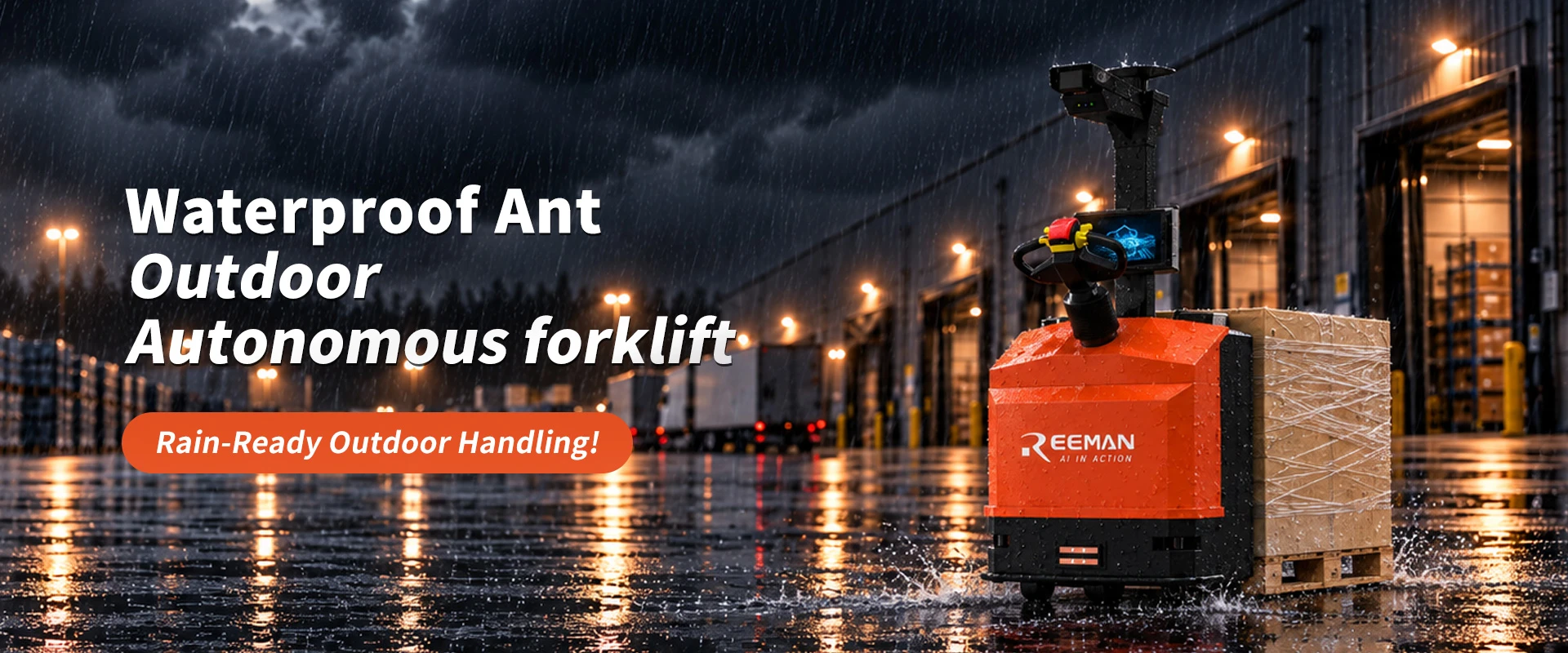 REEMAN Waterproof Ant: 2-ton waterproof autonomous forklift for outdoor use. IP67 multi-line laser with 150m range. Auto pallet handling & charging. Laser navigation, no markers needed, fast deployment to save labor.